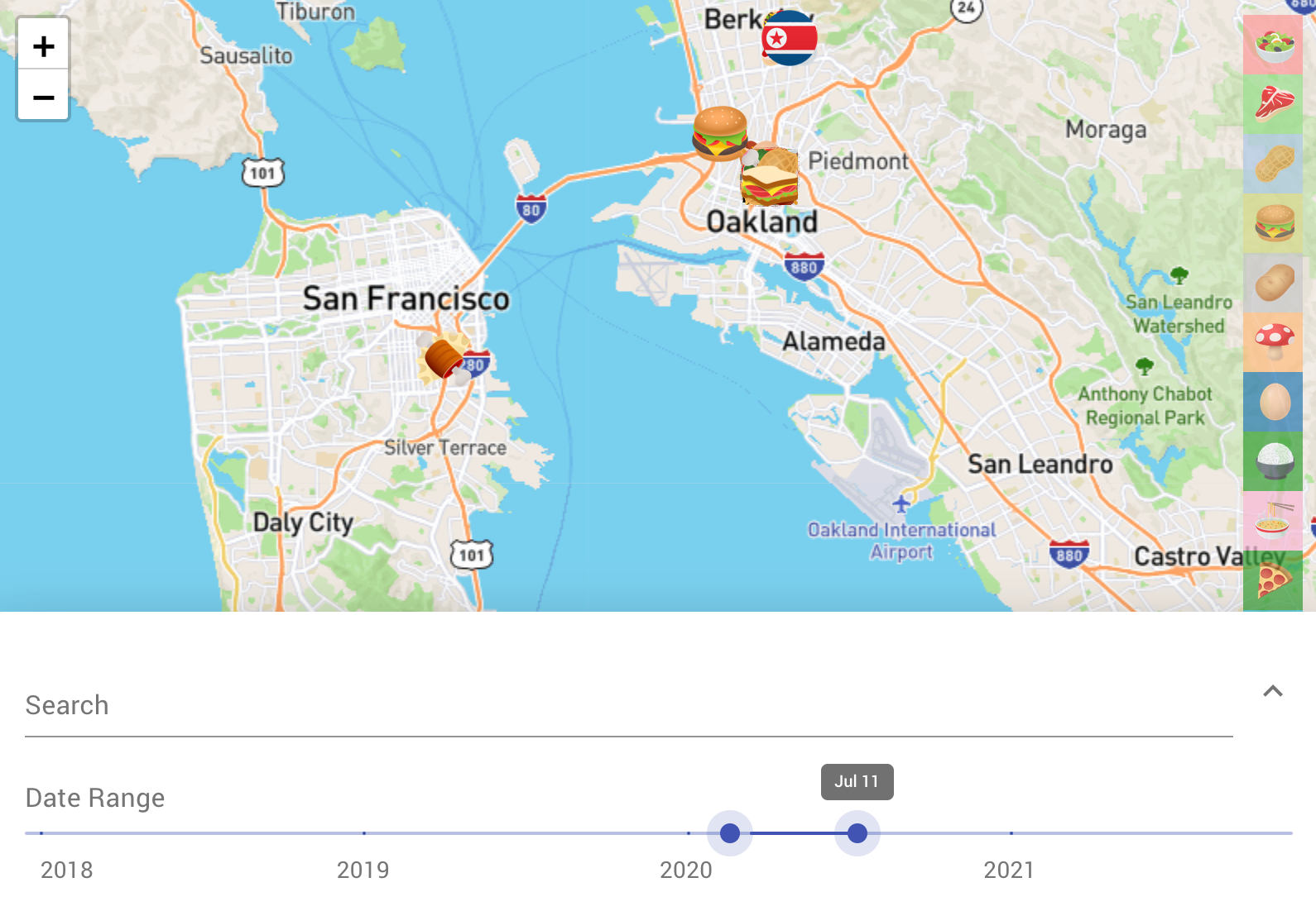 Map with only a few points of food emojis around Oakland