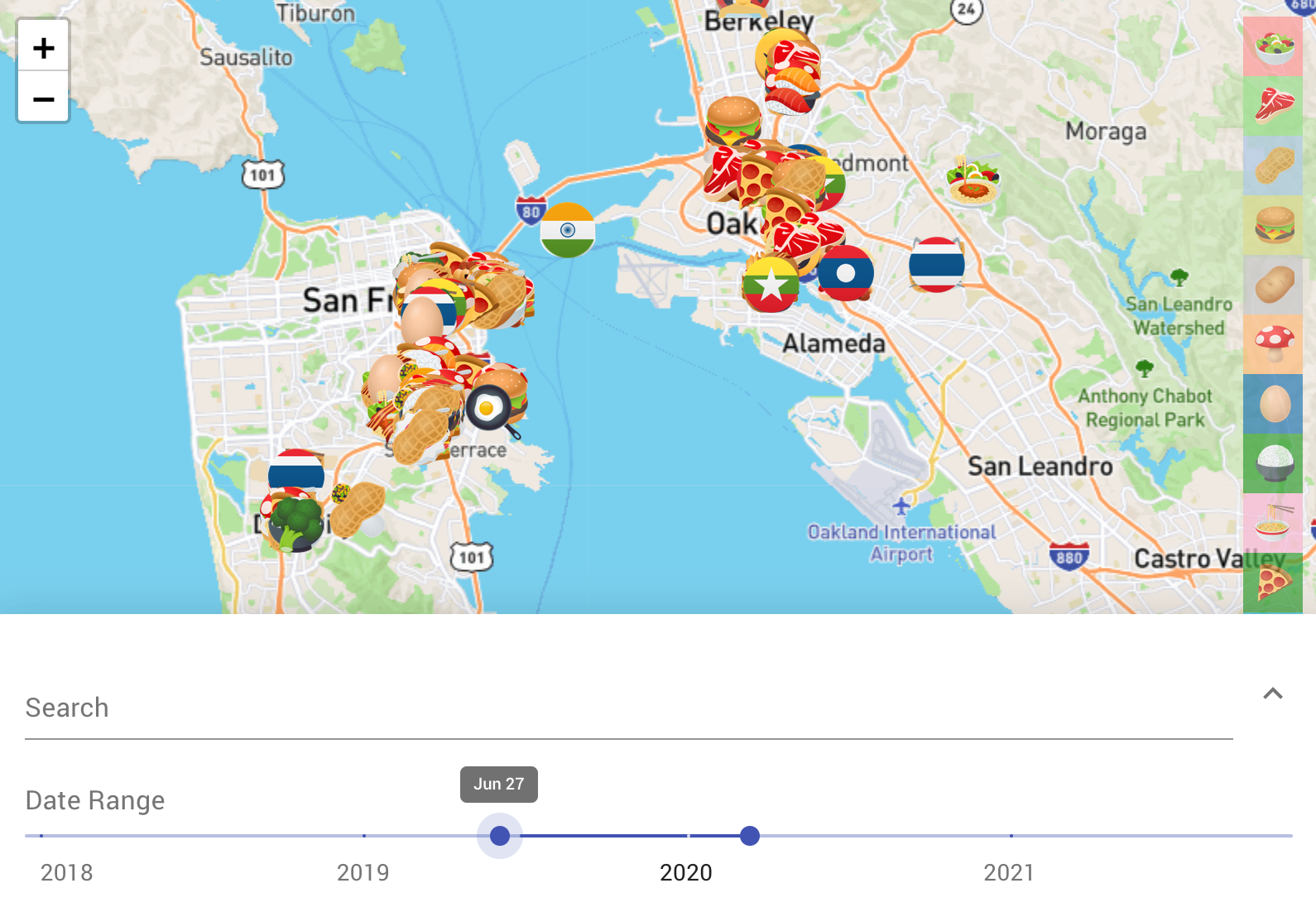 Map with points of various food emojis all over San Francisco